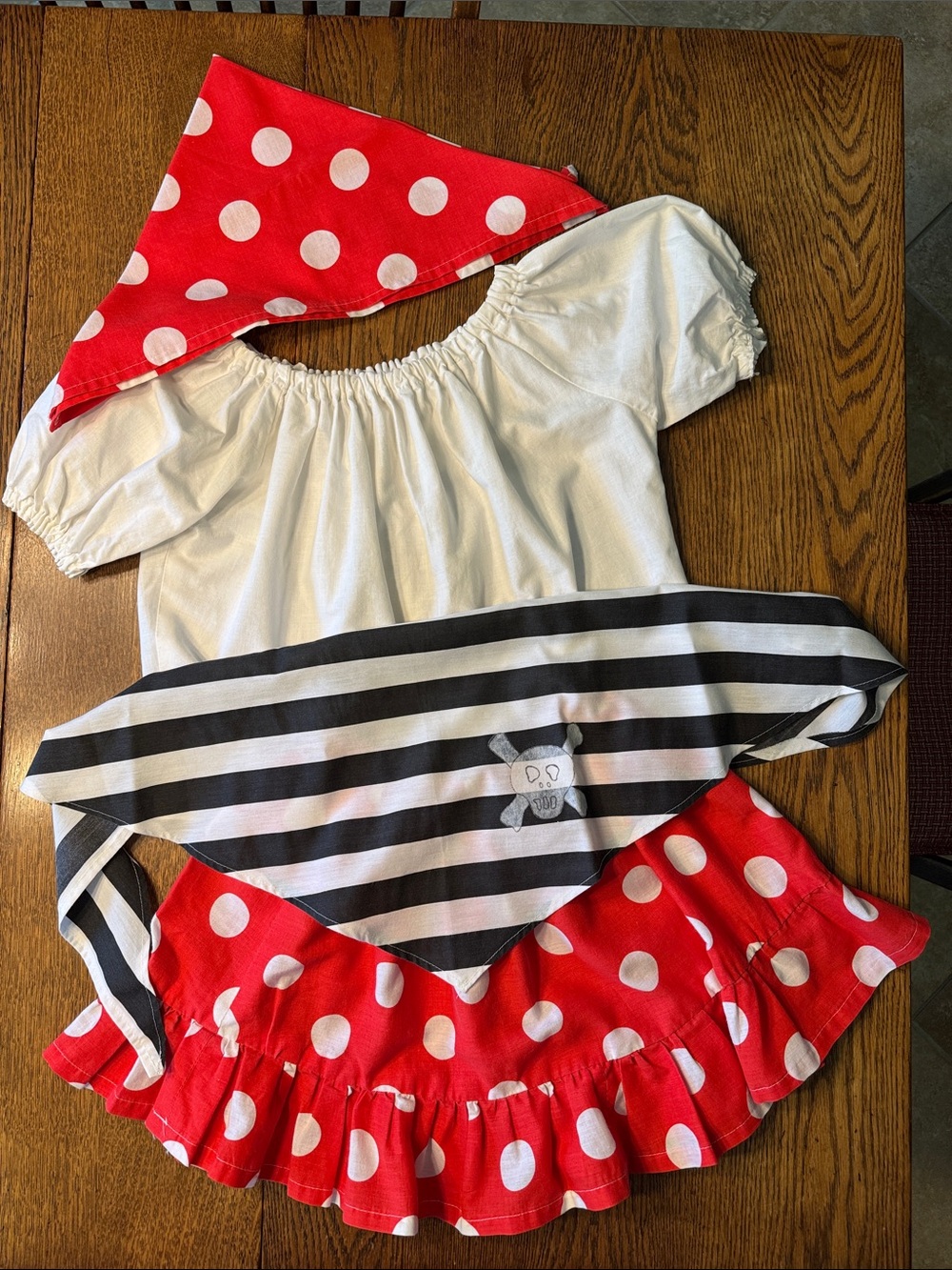 Kids Red Polka Dot Pirate Costume Dress with Black Stripe Sash, Girls 8-10